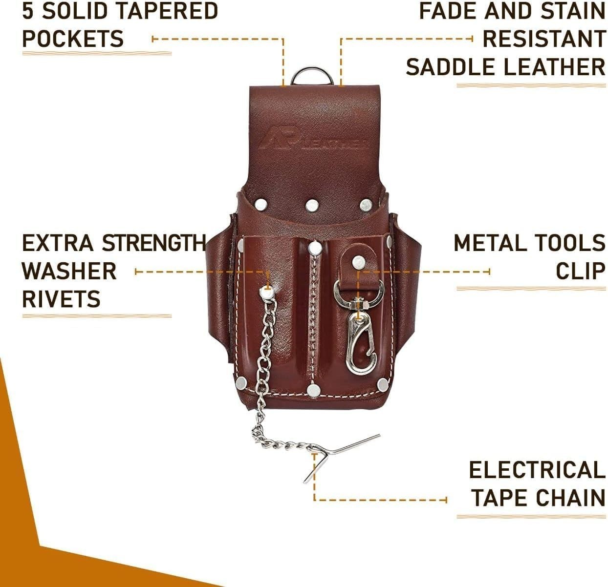 Pro-5 Electrician Pouch, Leather Tool Pouch, 5 Pocket Pouch with Electrical Tape