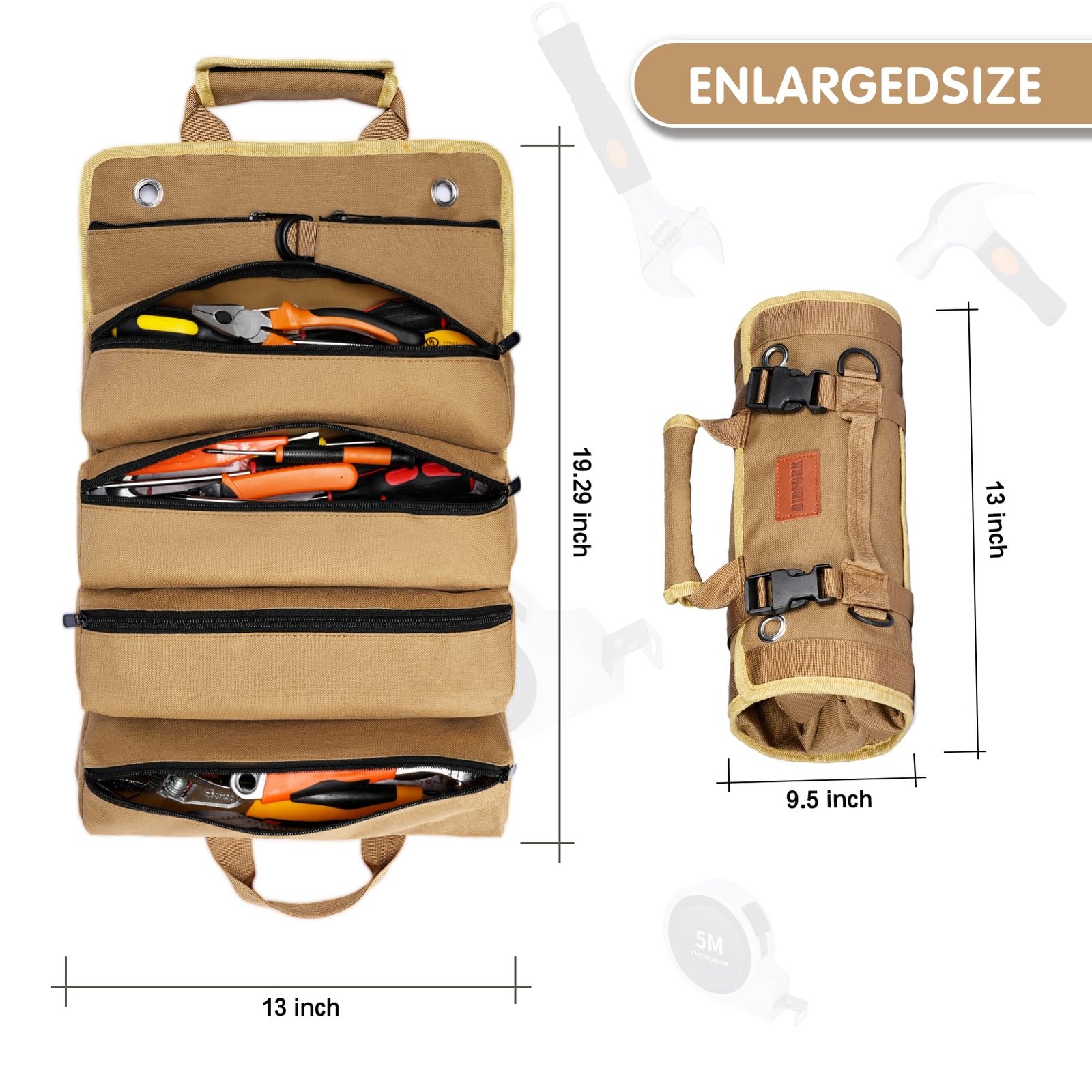 Roll Up Tool Bag Heavy Duty Tool Organizer Bag with 6 Pouches Khaki