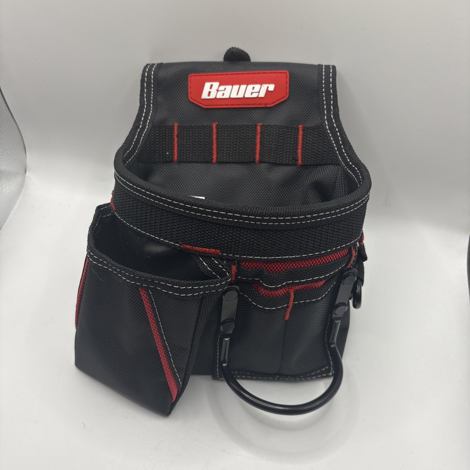 TOOL BELT POUCH BAUER 12 POCKET FRAMERS #58522 BLACK RED POLYESTER CARABINER.