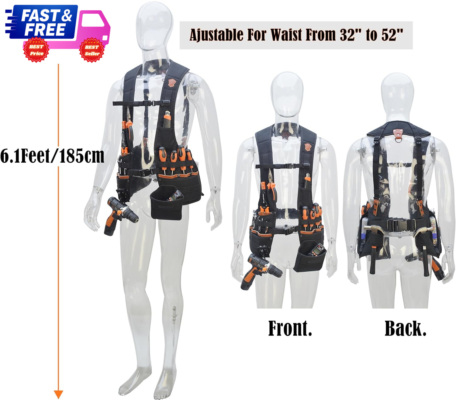 Top-G Leather Tool Vest for Men Electrician Construction Carpenter Multi-Pocket