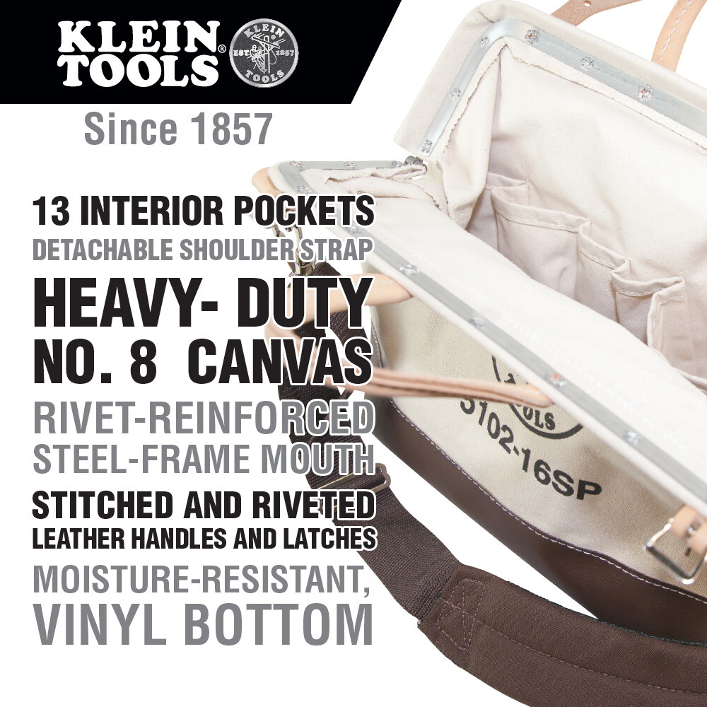 Klein Tools 5102-16SP Canvas Tool Bag, Deluxe, 16x6x14 In, 13 Pkt