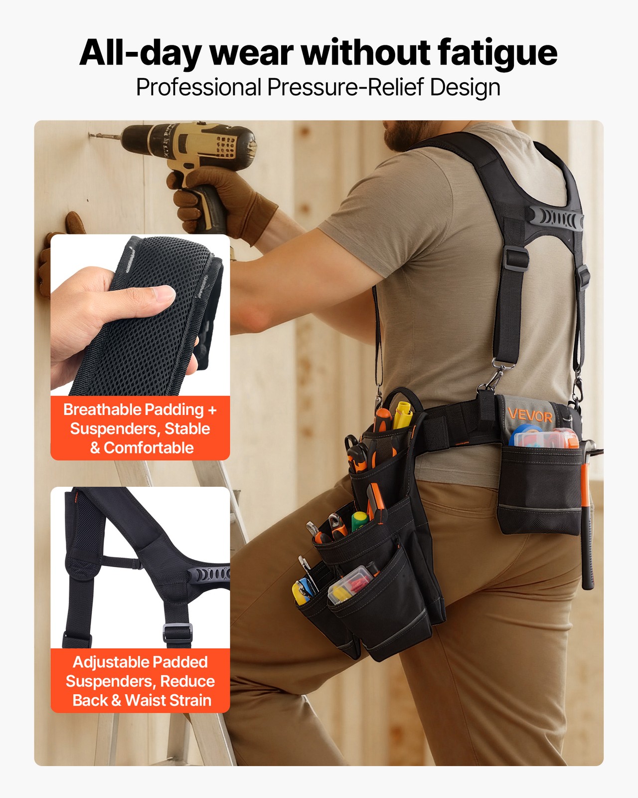 VEVOR Tool Belt Electricians Work Belt with Suspenders 19 Pocket Tool Pouch Bag