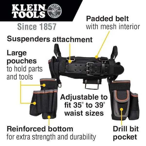 Klein Tools 55428 Black Ballistic Nylon Tool Belt, L, 26 Pockets, 55428