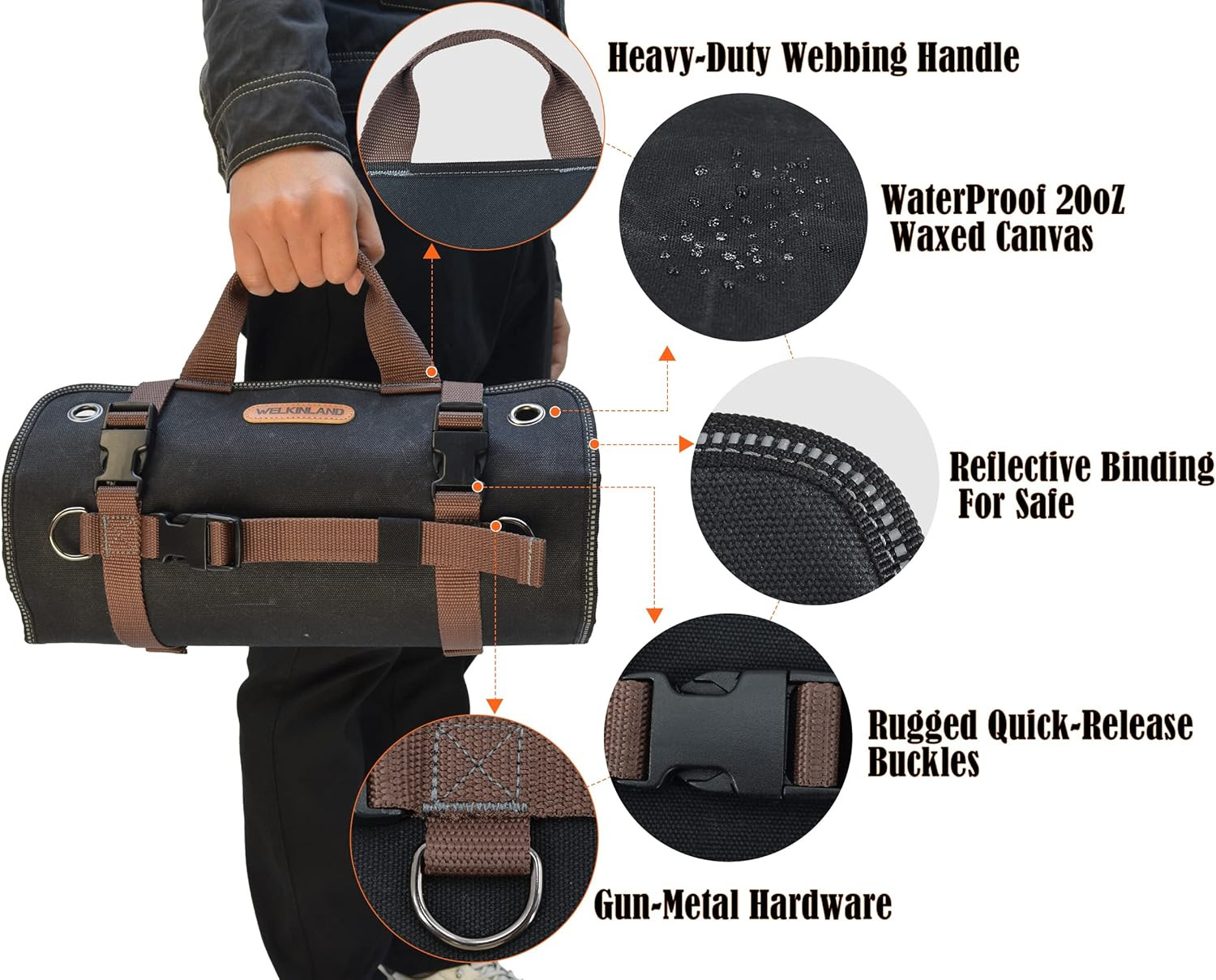 Heavy-Duty Waxed Canvas Tool Roll, 15-Pockets Tool Wrap Roll, 15L Tool up Roll B