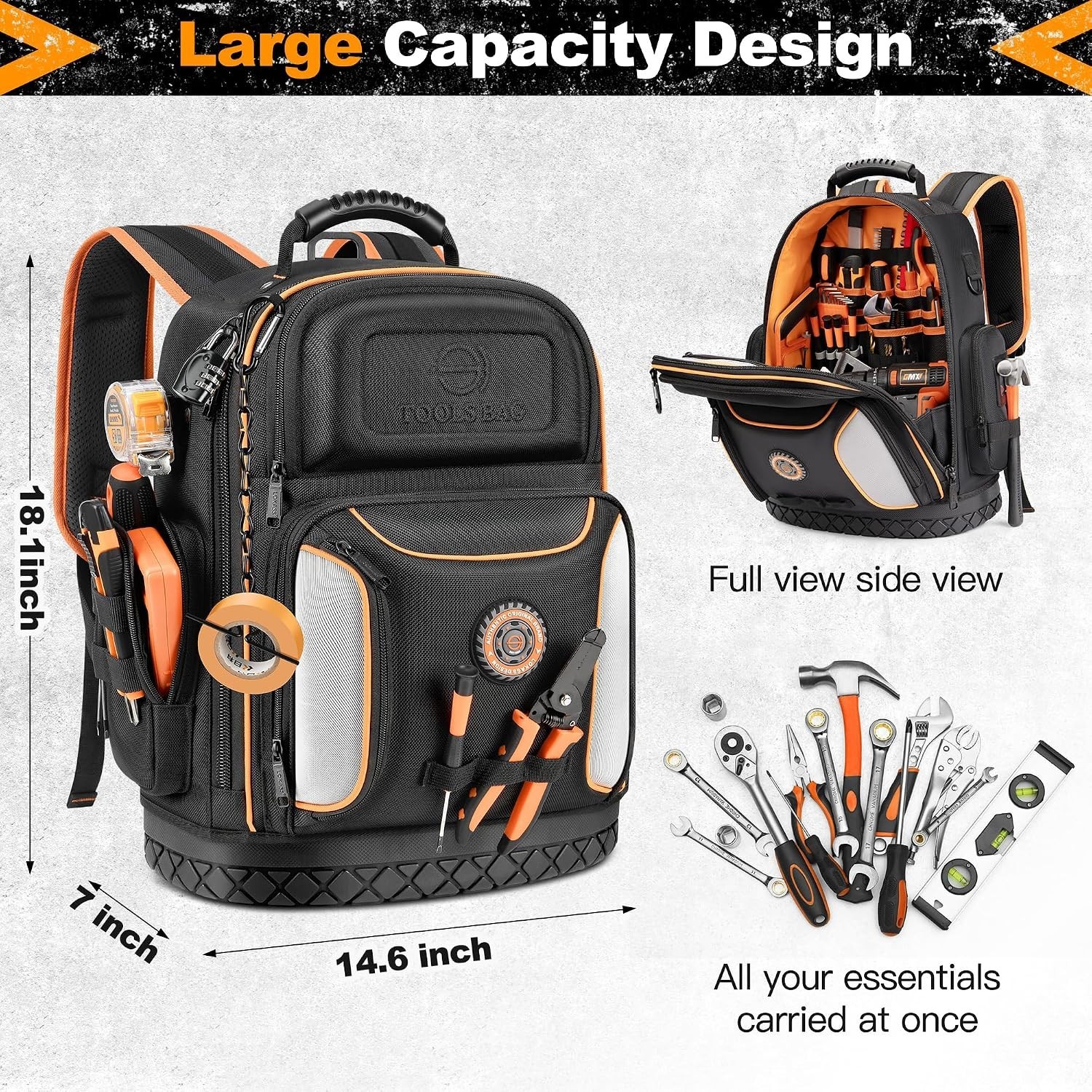 Ultimate 18.1-Inch Tool Organizer Backpack – 75 Pockets with Combination Lock