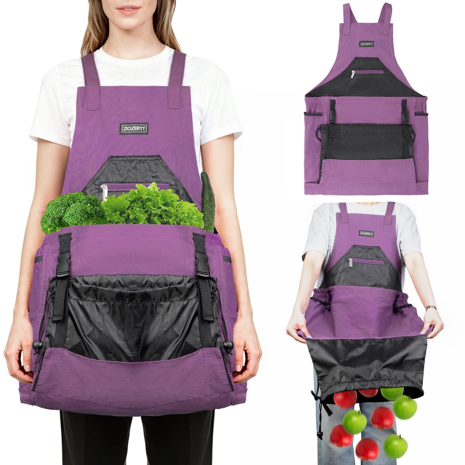 ZIOZERTT Garden Apron,Harvest Apron with Drawstring Bag and One Size, Purple