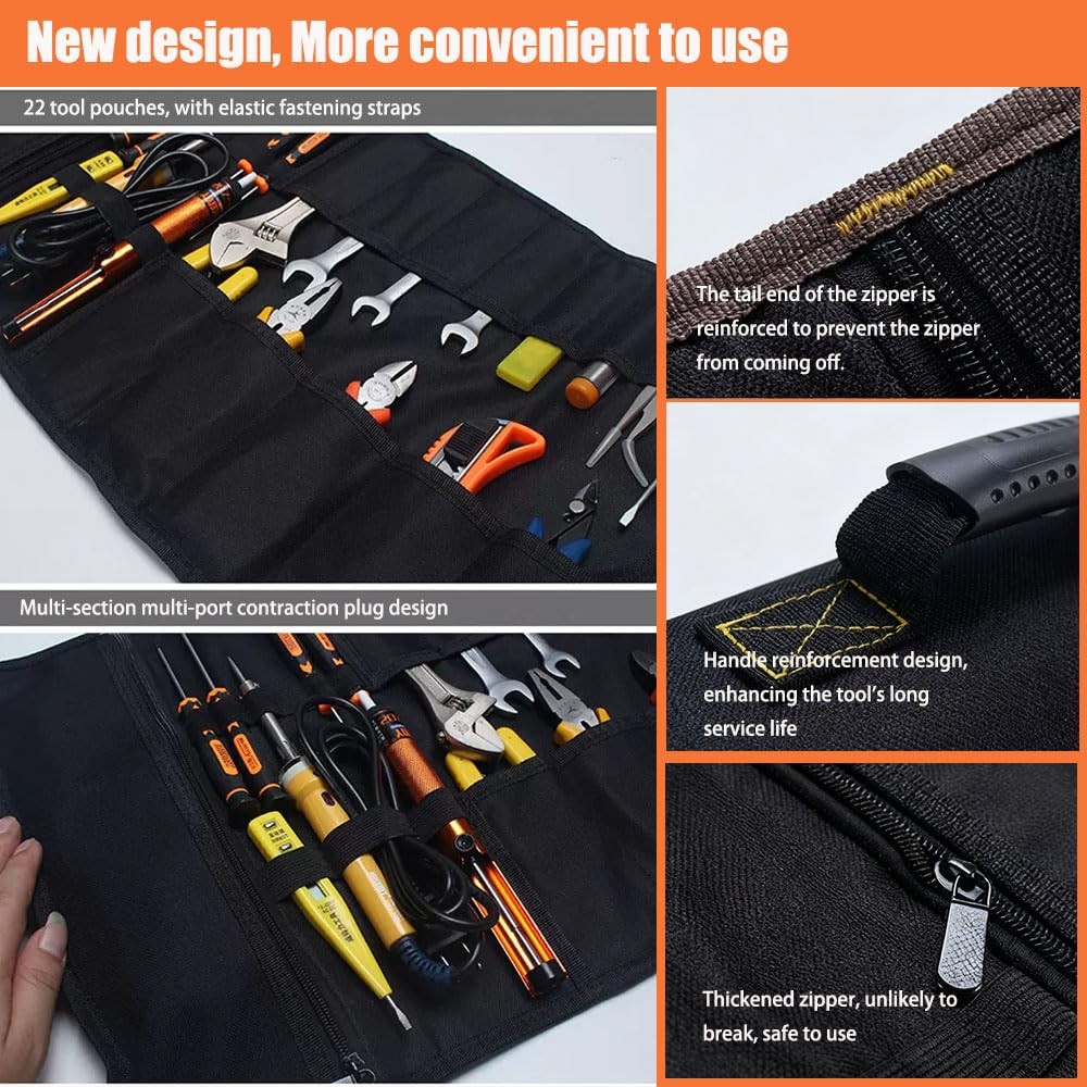 23 Pocket Tool Bag Roll Up Heavy Duty With Zipper Pouch Portable Foldable