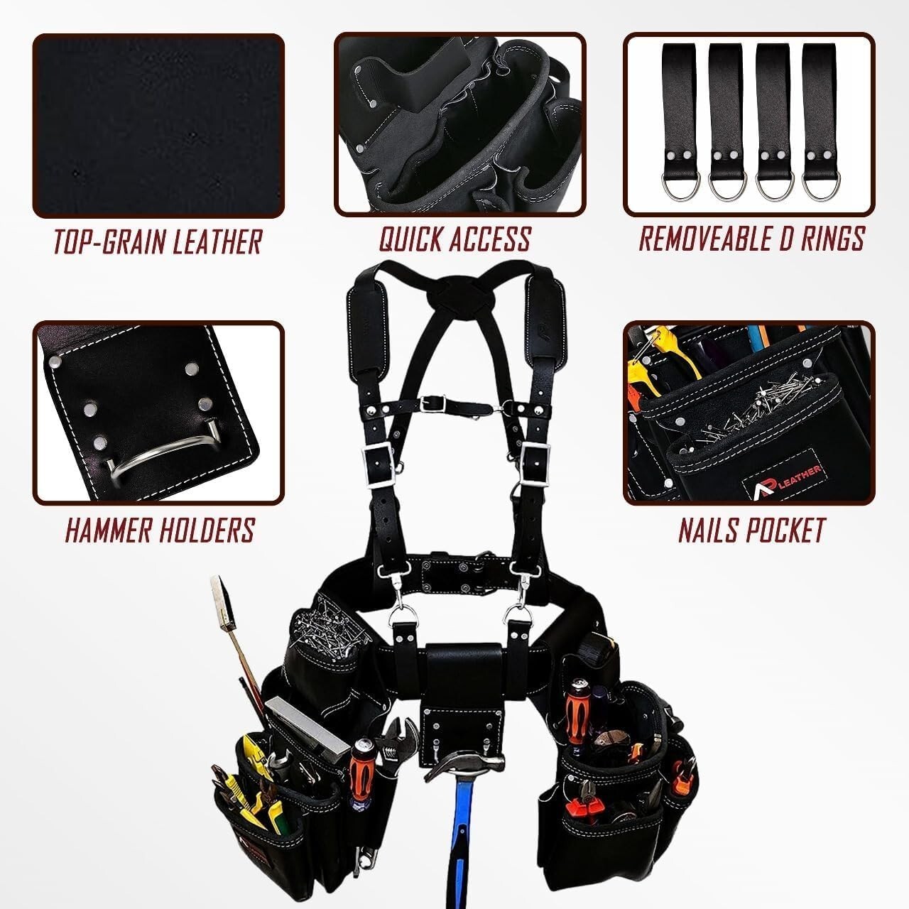 Leather Tool Belt Pouch Bag with suspenders for Construction Carpenter Handyman