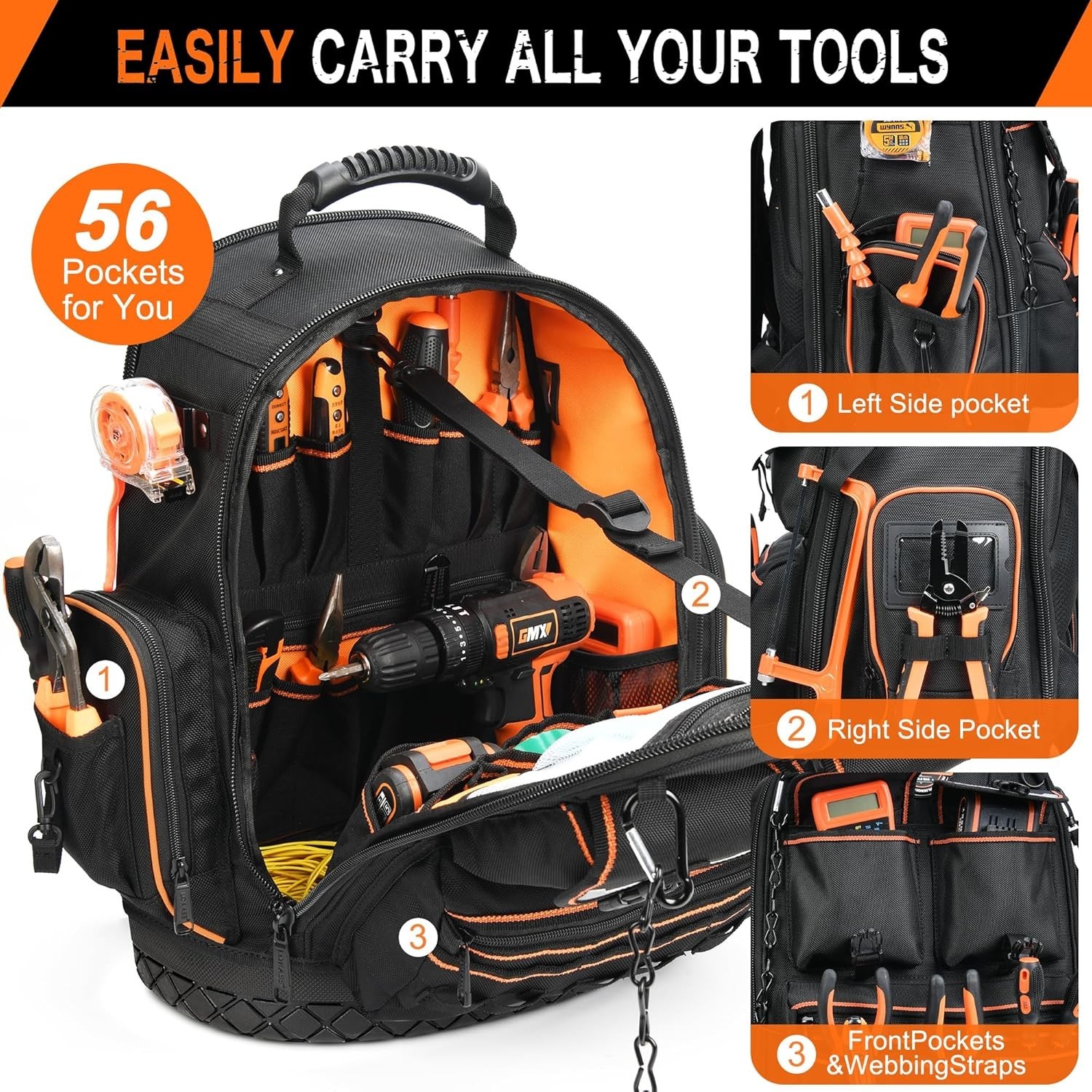 Durable 56-Pocket Tool Backpack with Molded Base and Combination Lock – Black