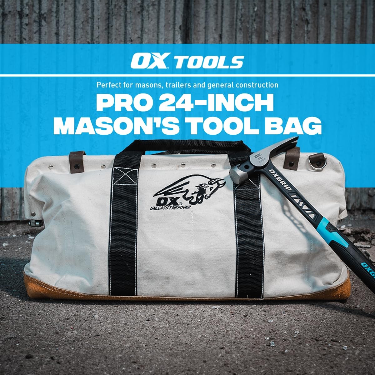 OX Canvas Tool Bag 24 Inch Masonry Heavy Duty Leather Straps