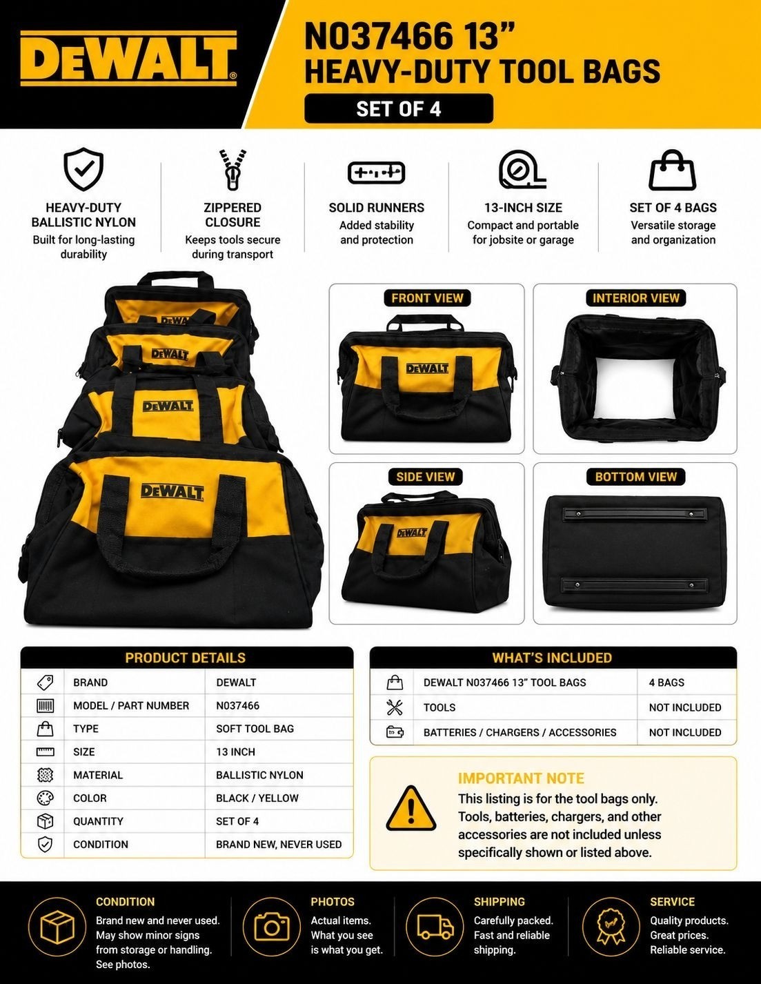 DEWALT N037466 13″ Heavy Duty Tool Bags Set of 4 Ballistic Nylon Zipper New