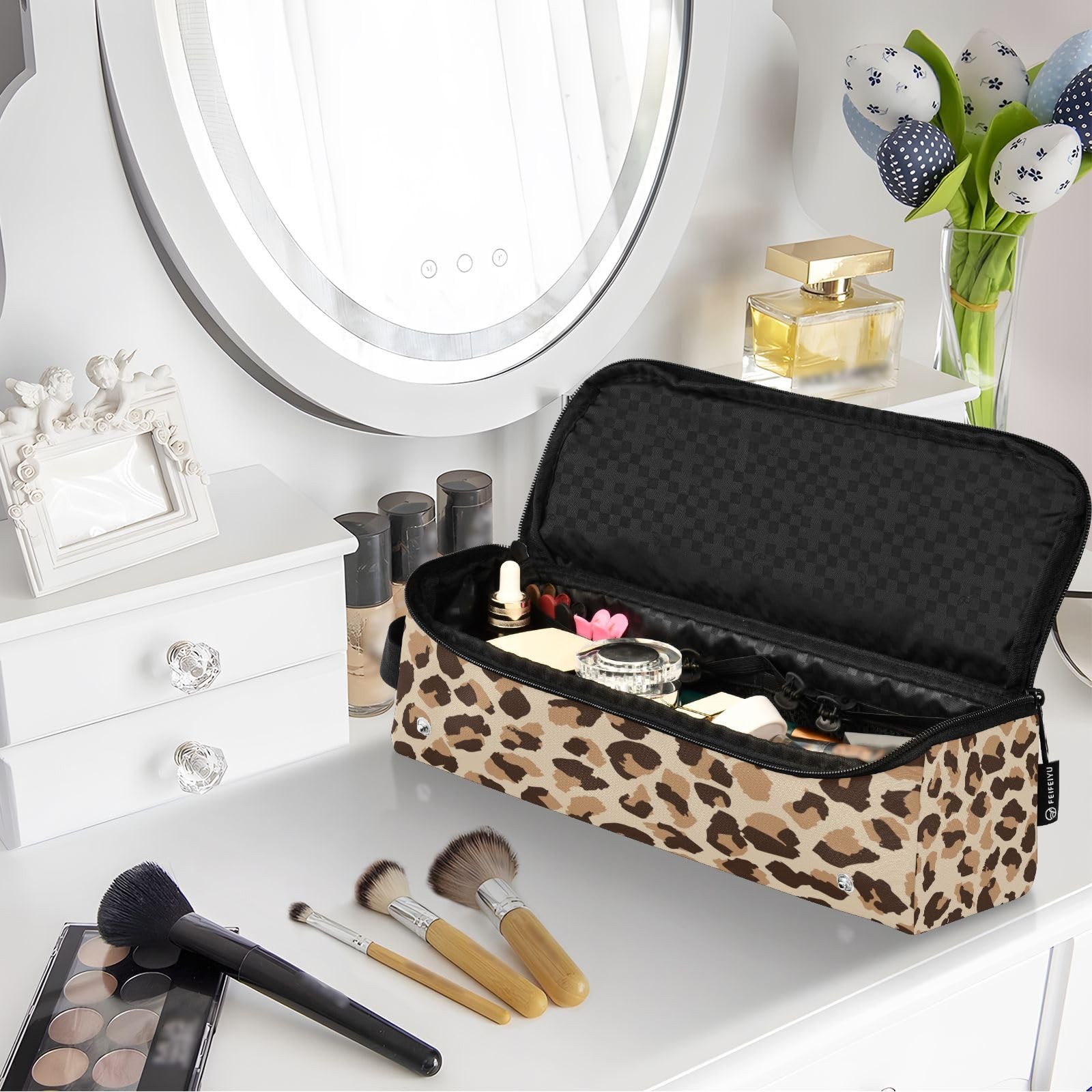 ElliTarr Hair Tools Travel Bag with Heat Resistant Mat Leopard Print Brown