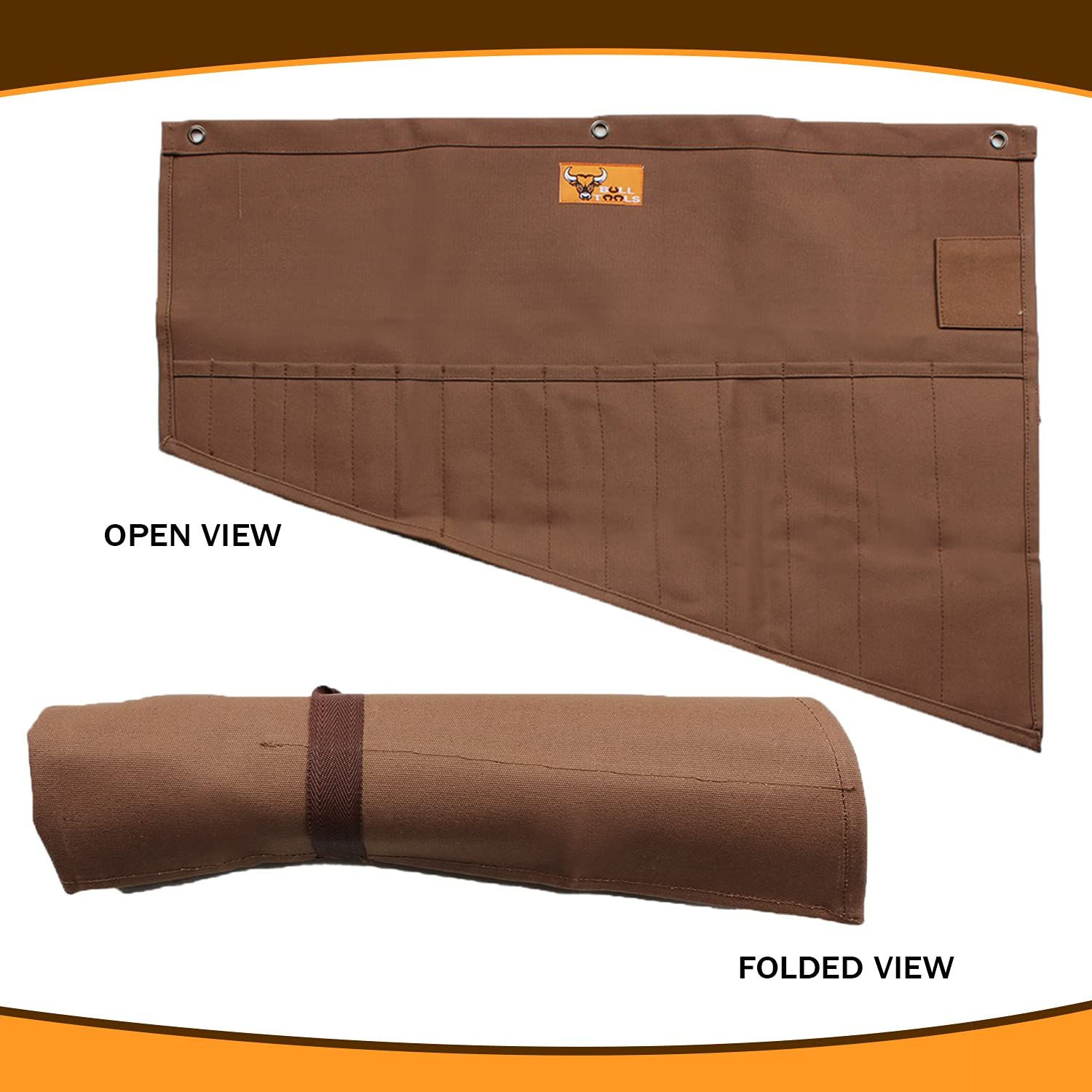 BULL TOOLS Tool Pouch Roll Up Organizer, 16 Large (16 – PKT), Cinnamon Brown