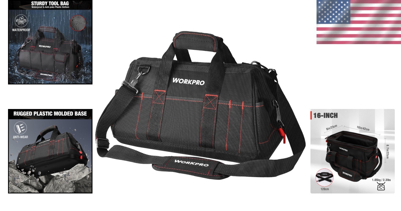 Portable 16-Inch Waterproof Tool Bag with Adjustable Straps for Easy Transport