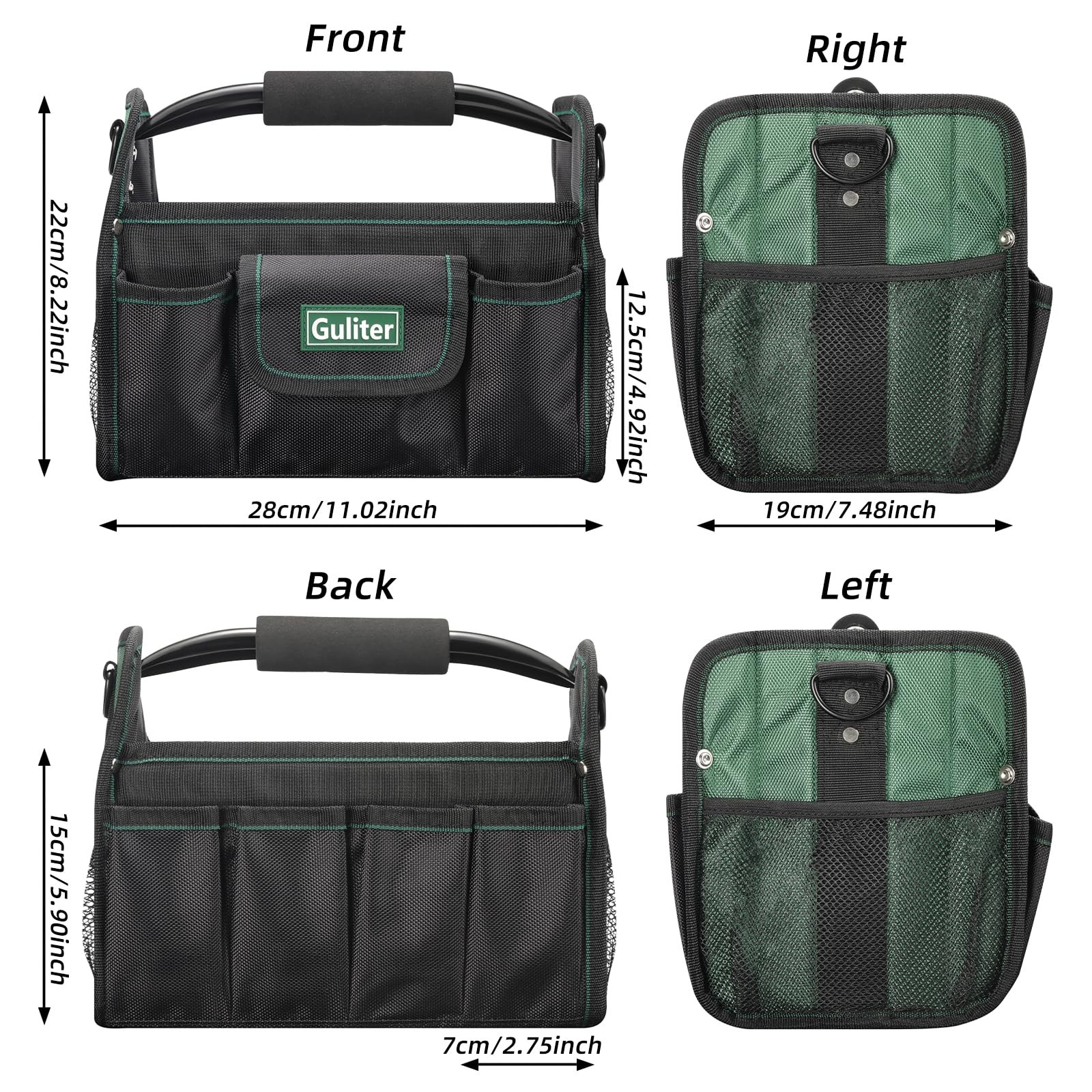 Guliter 11 Inch Small Tool Bag, Open Top Tote with Small, ‎Black&Green