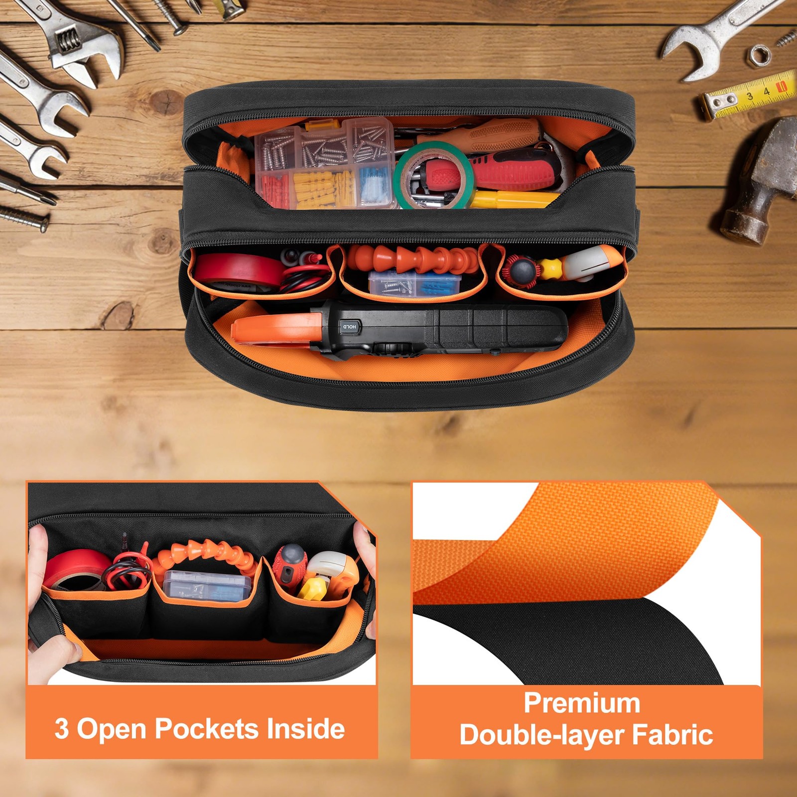Rexmica Small Tool Bag with 1 Pouch, 11.8 x 3.9 x 7 inches, Black