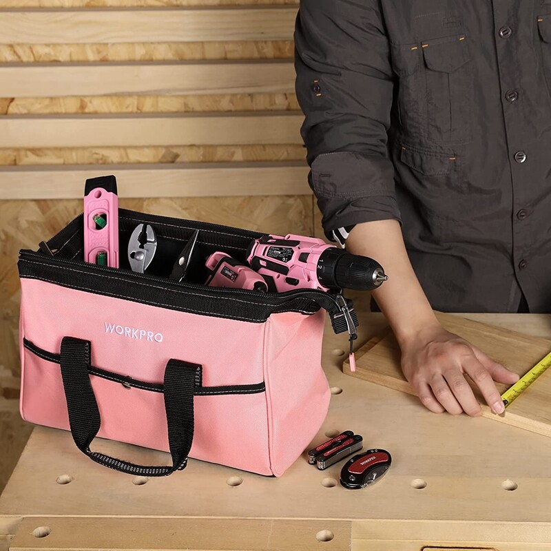 13-in Tool Bag Wide Mouth Tool Tote Bag Blue/Pink Polyester Fabric