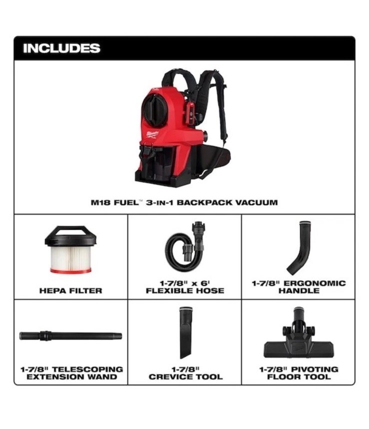 Milwaukee Tool 0895-20 Backpack Vacuum, 18 In H, 16 Lb