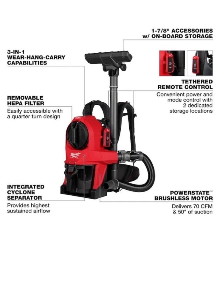 Milwaukee Tool 0895-20 Backpack Vacuum, 18 In H, 16 Lb