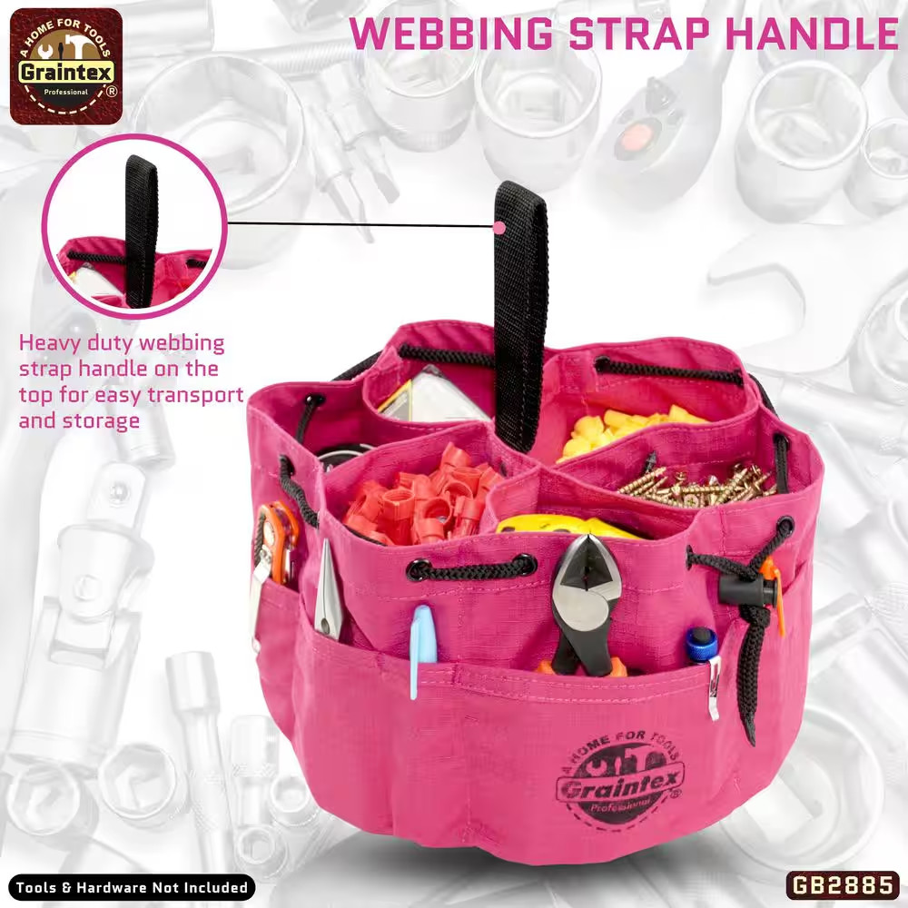 10 In. 18-Pocket Grab Tool Bag with Drawstring Closure in Pink Canvas