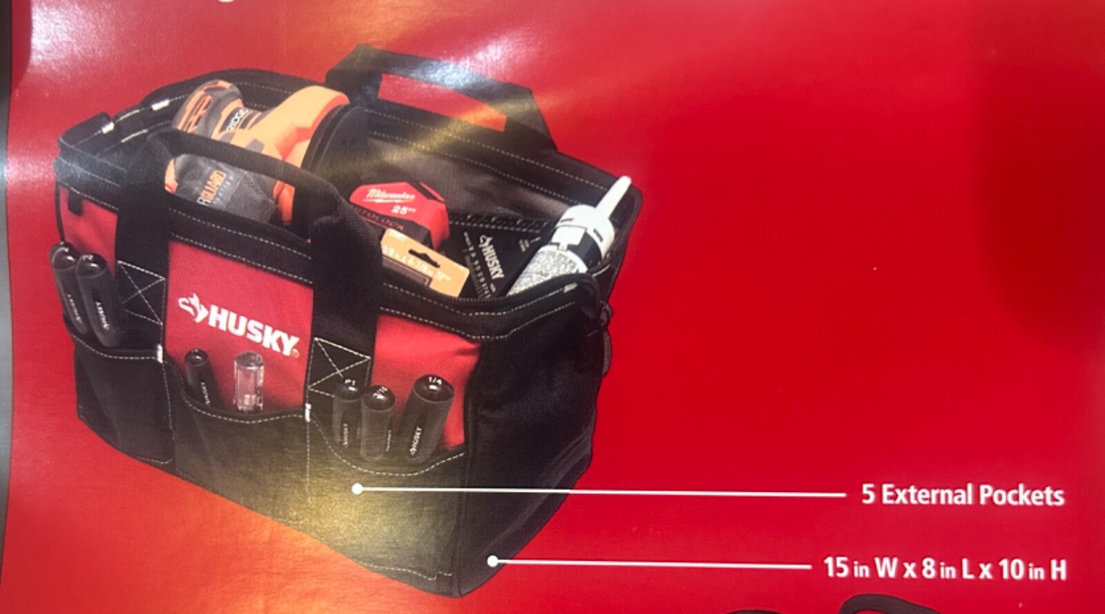 Husky 15 in Tool Bag 8 Pocket Zippered Top Water Resistant 398 900