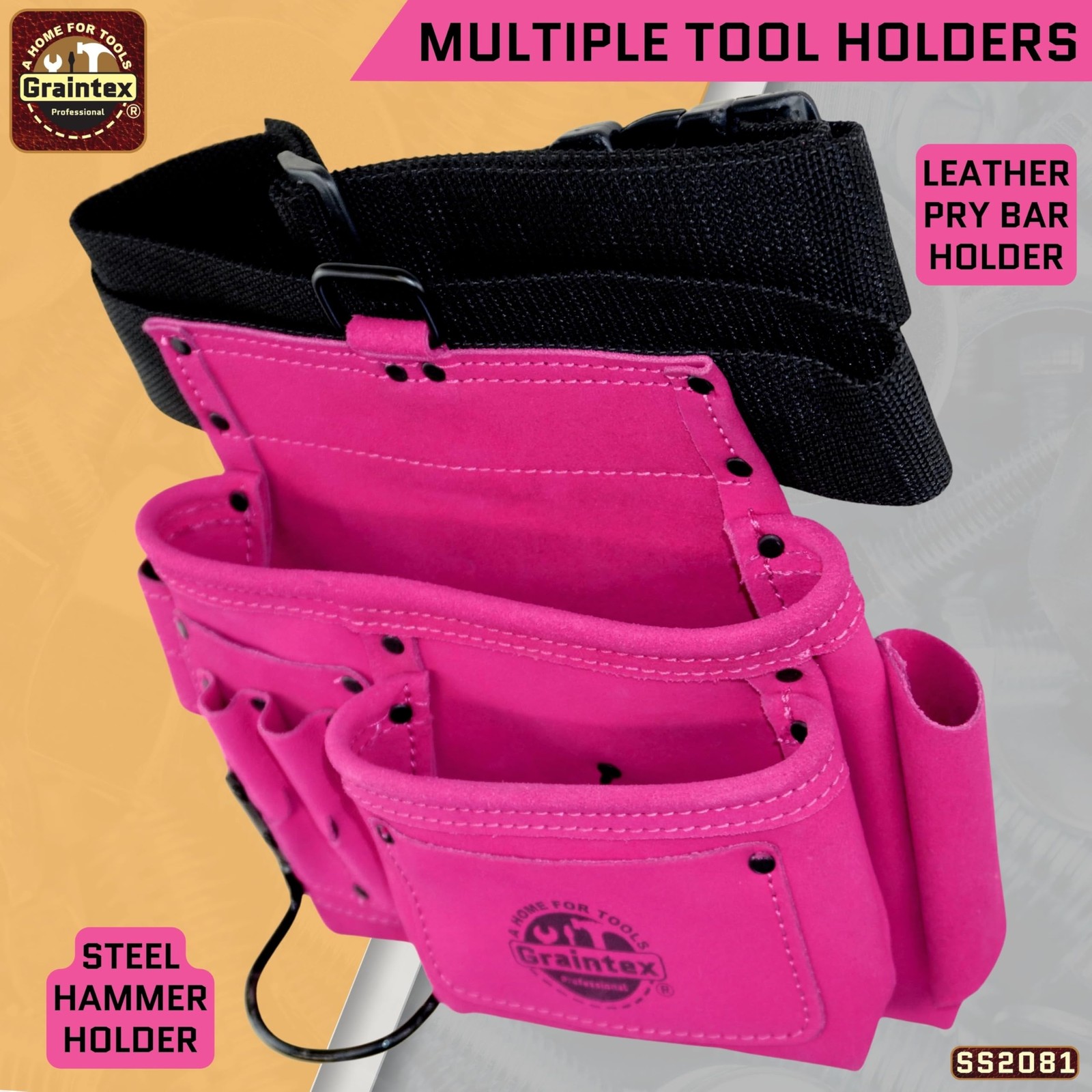 GRAINTEX SS2081 5 Pocket Nail & Tool Pouch Pink Color Suede Leather with 2” Webb
