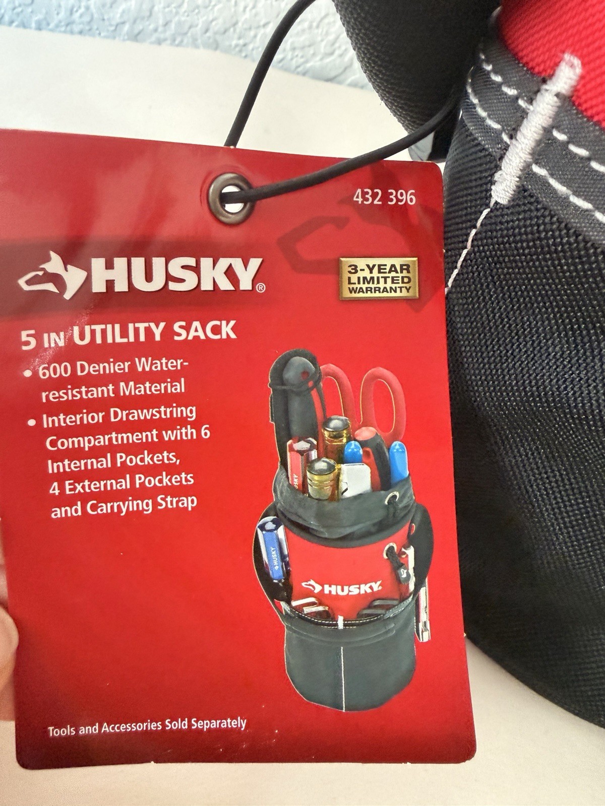 Husky 5 in Utility Sack Tool Bag Red Black 600D Water-Resistant 10 Pockets