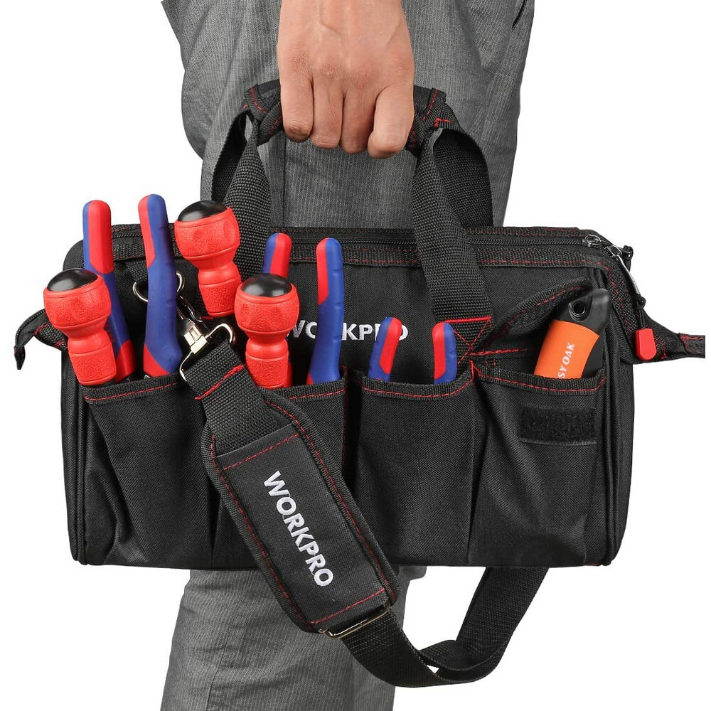 WORKPRO 16″/14″/12″ Close Top Wide Mouth Tool Storage Bag Rubber Base Pocket Bag