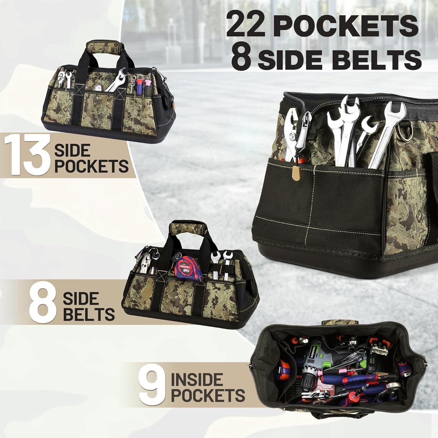 16-Inch Wide Mouth Tool Bag with 30 Compartments & Adjustable Shoulder Strap