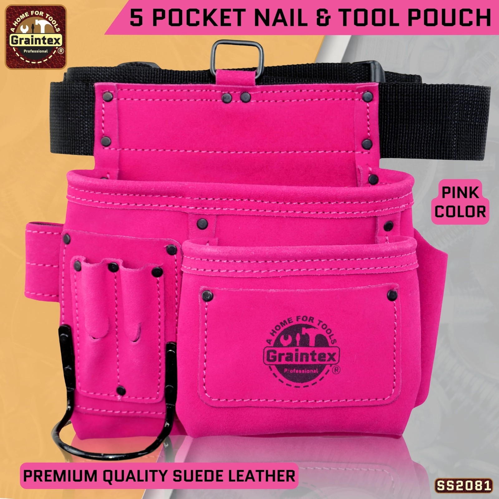 GRAINTEX SS2081 5 Pocket Nail & Tool Pouch Pink Color Suede Leather with 2” Webb