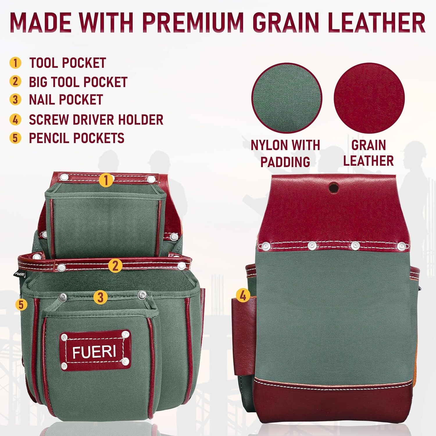 Professional Leather Tool Belt with Bags Farmers, Carpenters 19 Pocket Tools Bag