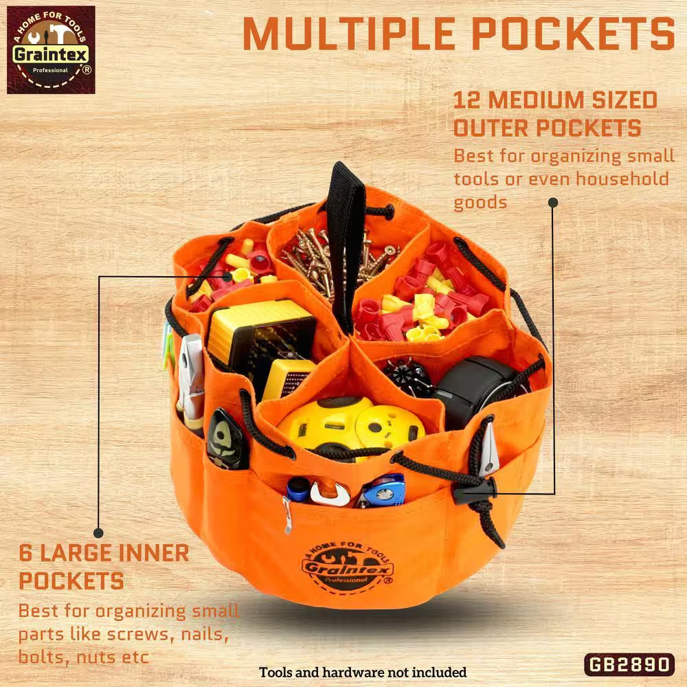 10 In. 6-Pocket Grab Tool Bag with Drawstring Closure in Orange Canvas