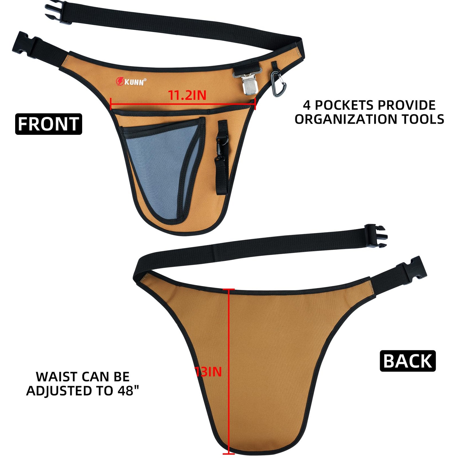 KUNN Garden Tool Waist Belt – 4 Deep Pockets Apron for One Size, Khaki