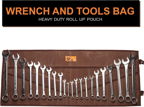 BULL TOOLS 26 Pocket Wrench Organizer Roll-Up Waxed Canvas, Cinnamon Brown