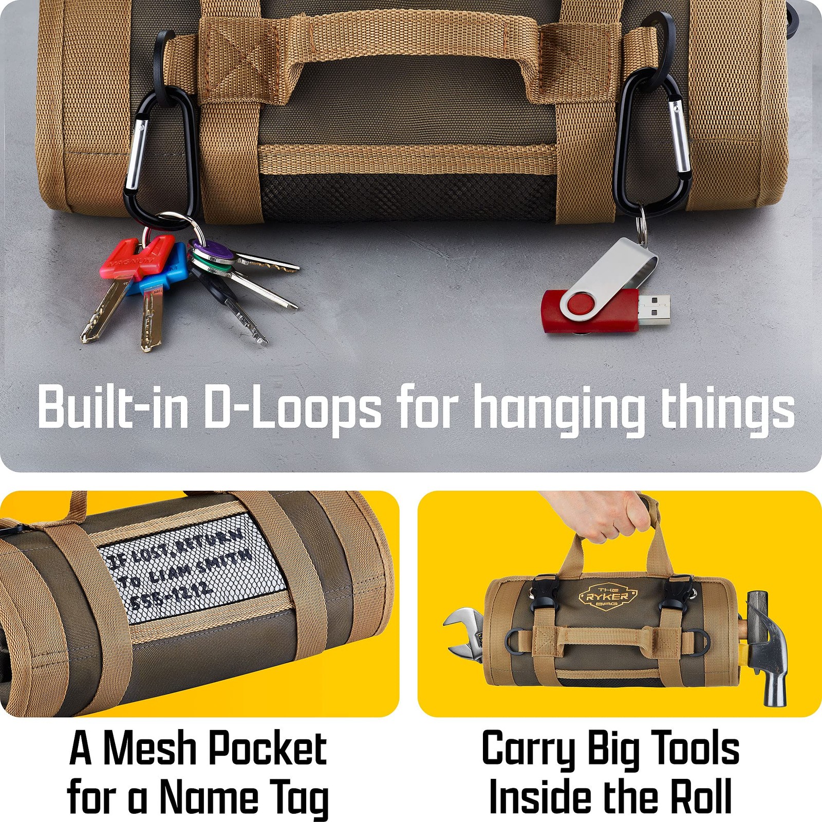 The Ryker Roll Up Tool Bag Organizer Gifts for Dad. Original Roll, Khaki