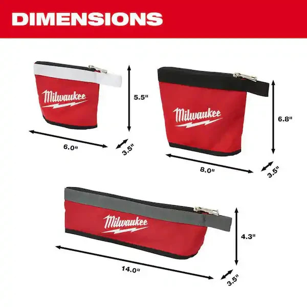 Milwaukee Zipper Tool Pouches Bags 14, 8, and 6 in. Stand-Up Base Storage Canvas