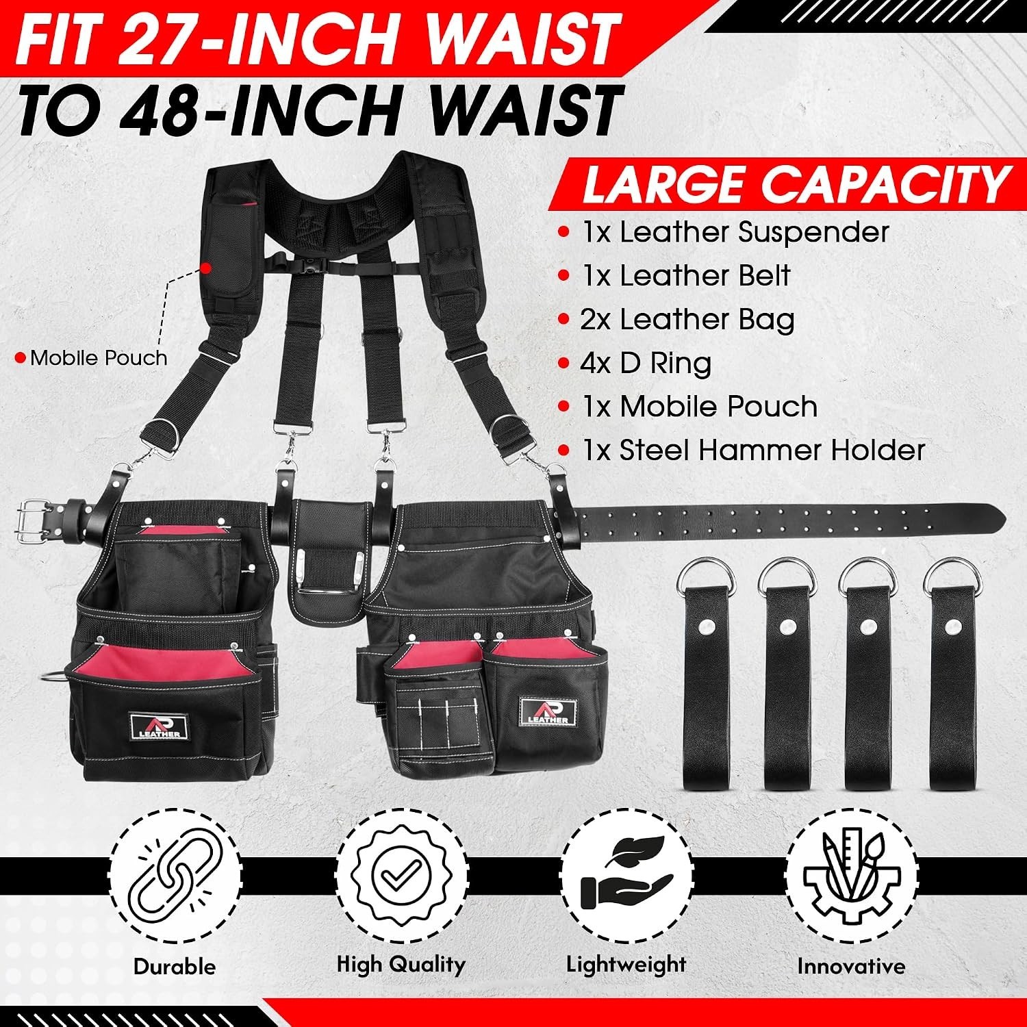 AP Tool Belt Electricians Work Belt with Suspenders 29 Pocket Tool Pouch Bag