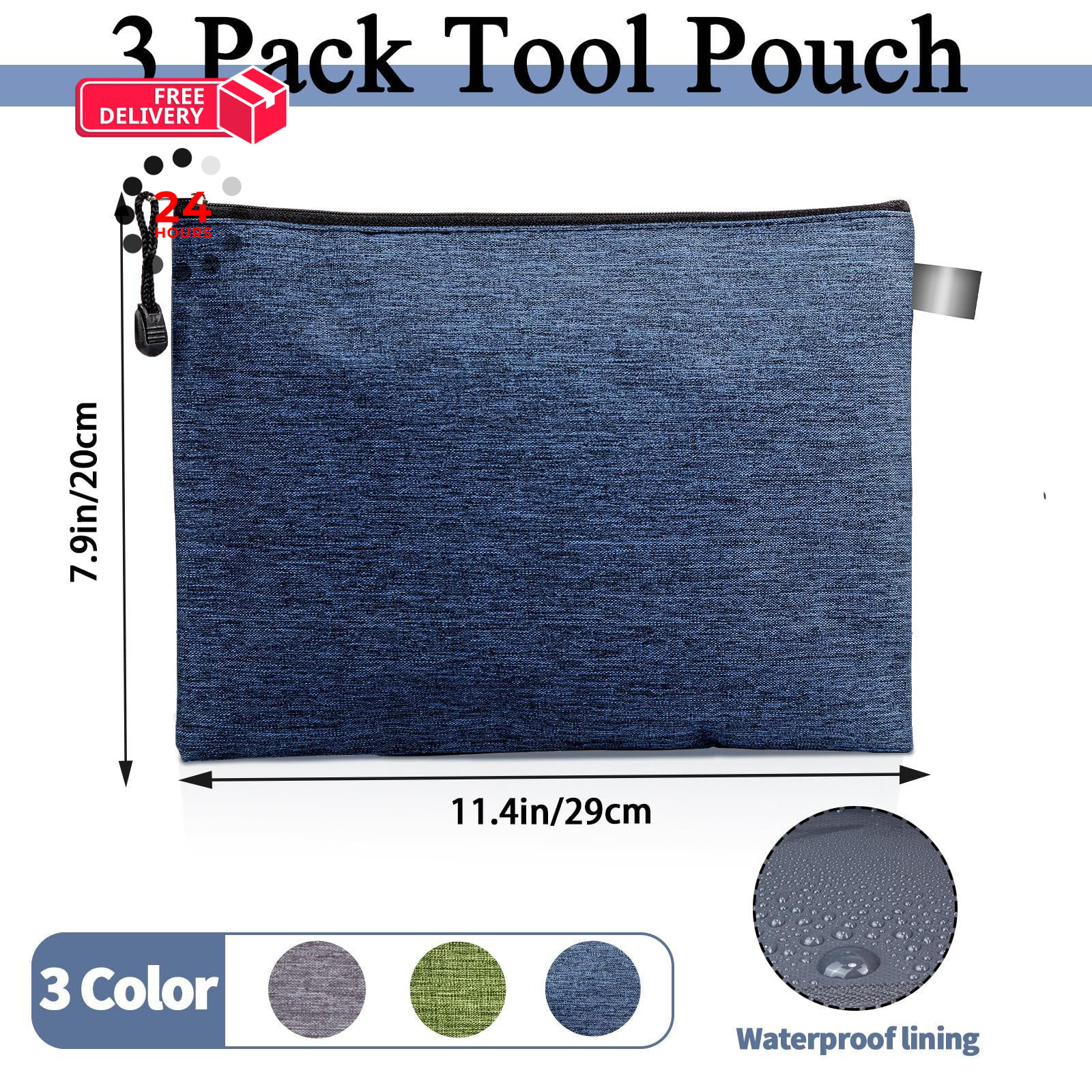 Giloner Tool Pouches With Zipper 3 Pack Waterproof 7.2 inches, Multicolor
