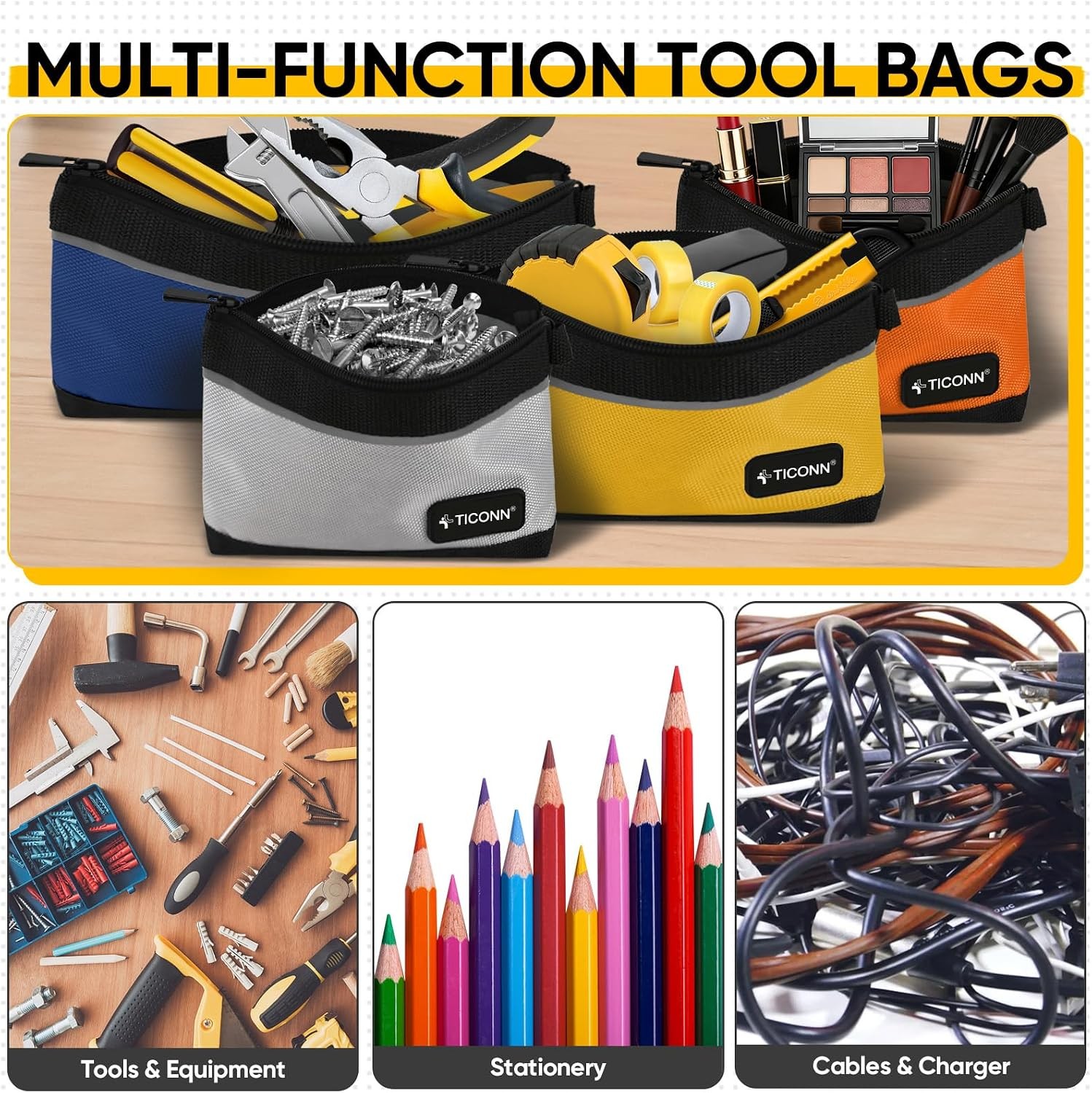 TICONN Tool Pouches 6 Pack Zipper Waterproof 1680D Oxford Small Tool Bags with C
