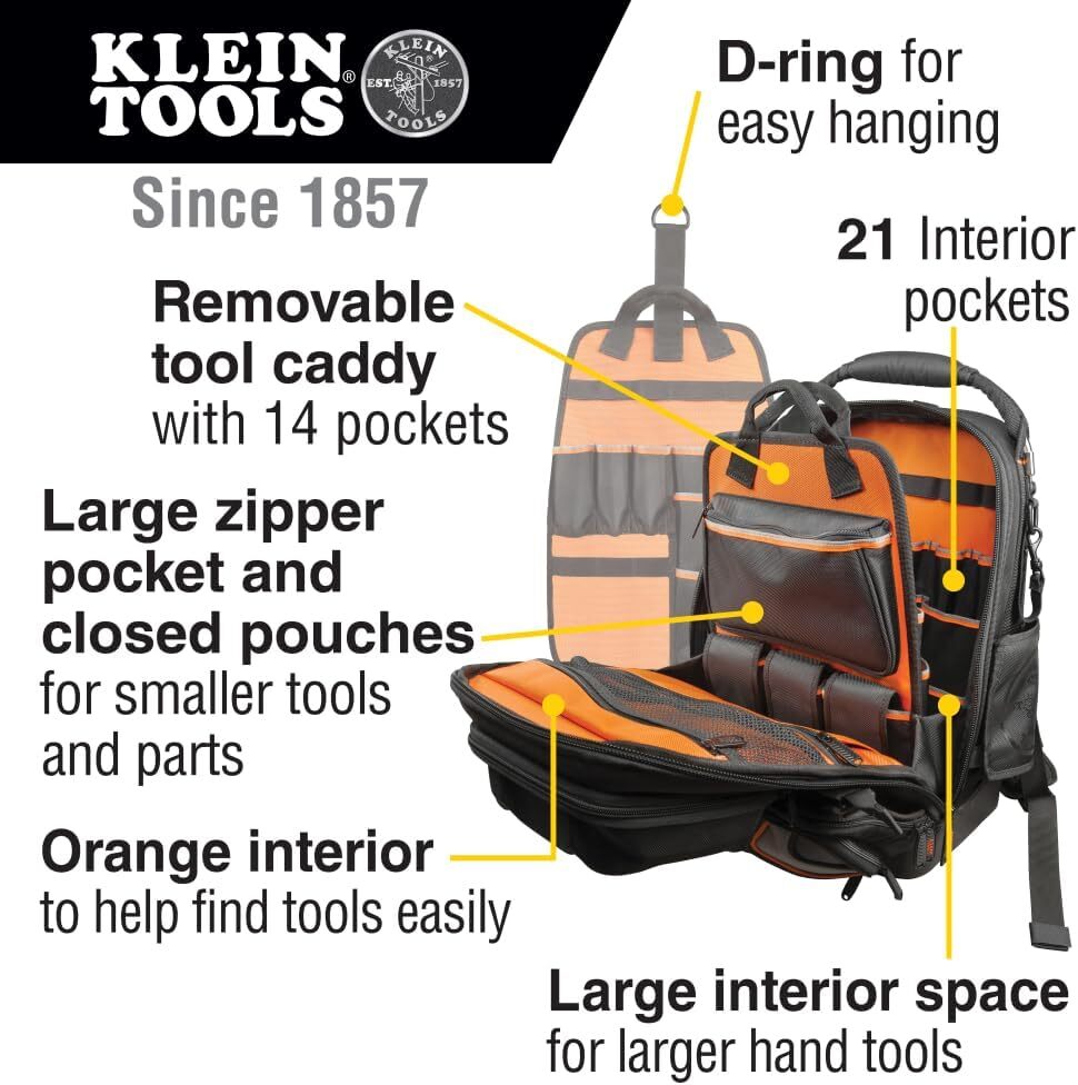 Klein Tools 55485 Tool Bag Backpack, Durable Electrician Backpack, Polyester