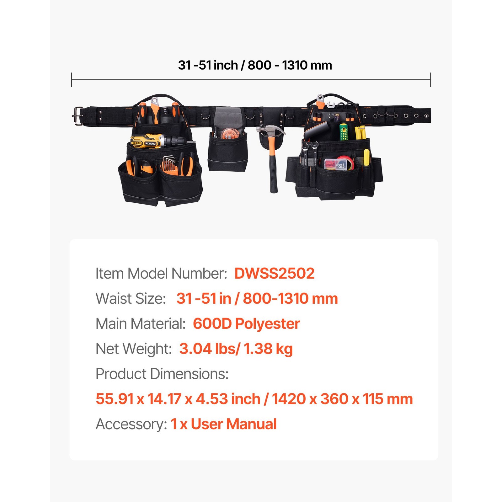 Framing Tool Belt, 18 Pockets, 31-51in Adjust, Double-Stitched