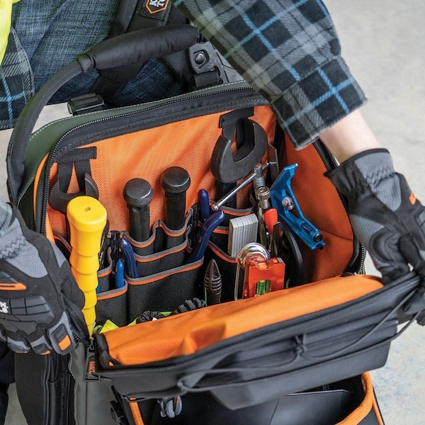 Klein Tools 55665 Tool Backpack, Black/Orange, 1680D Ballistic Weave Body; Hard