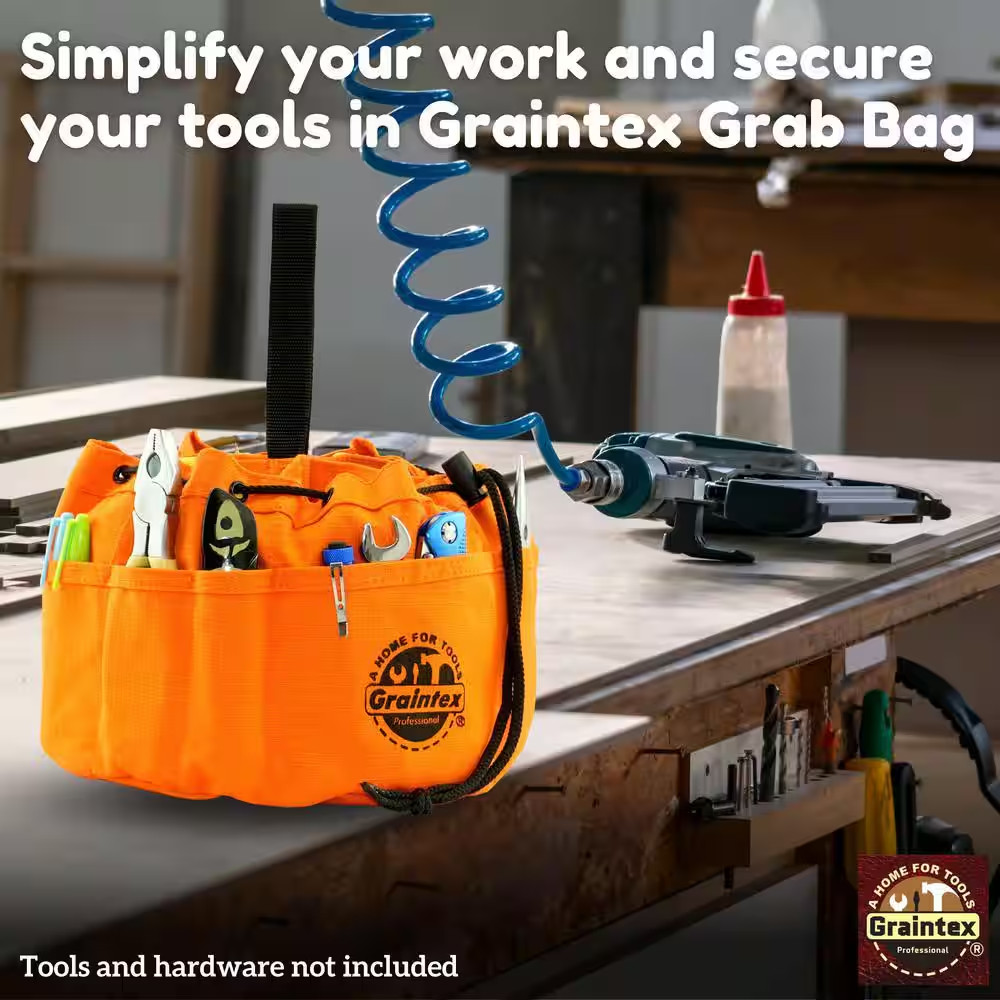 10 In. 6-Pocket Grab Tool Bag with Drawstring Closure in Orange Canvas