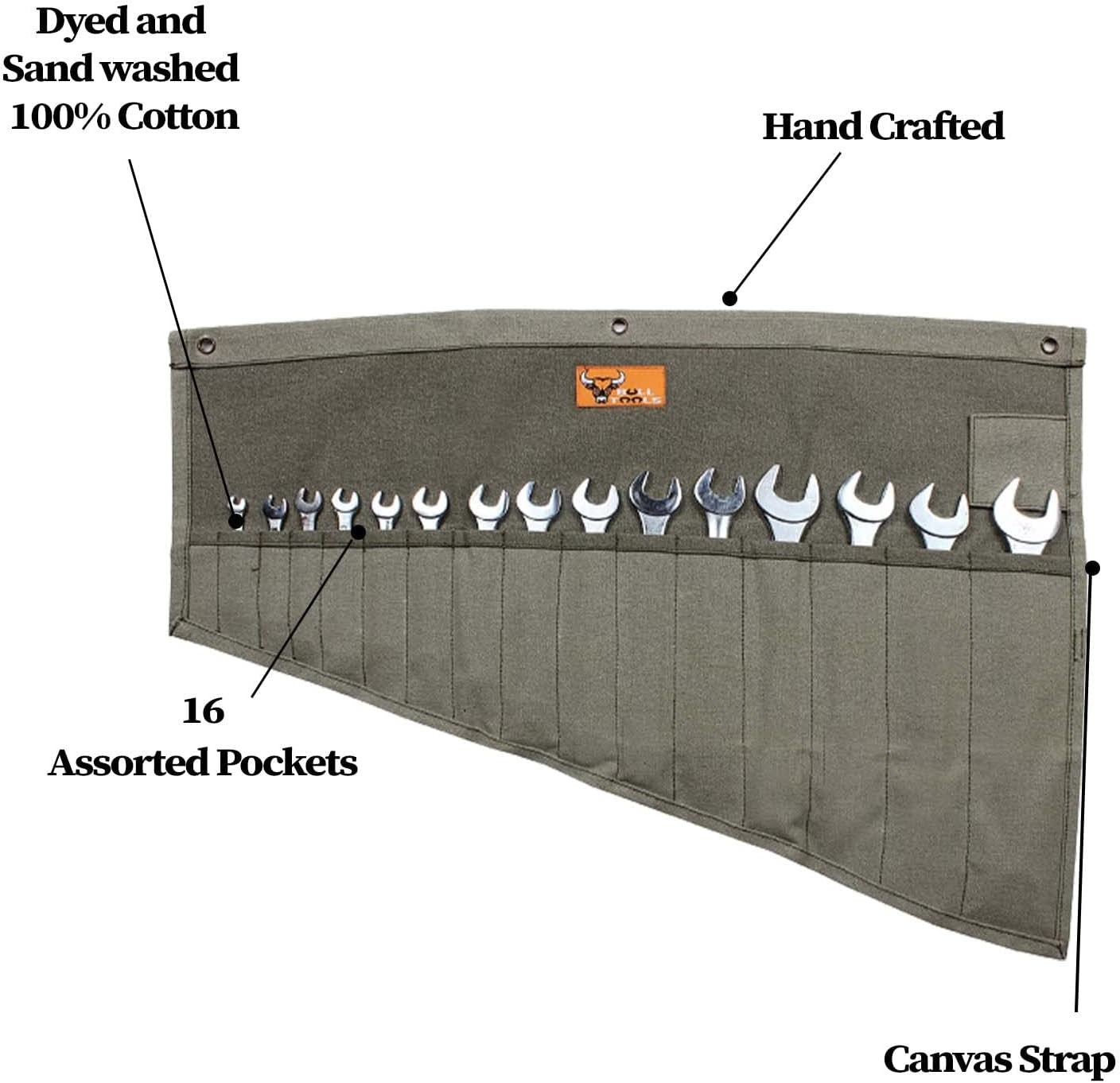 BULL TOOLS Roll Up Tool Bag Organizer 16 Large (16 – PKT), Washed Olive Drab