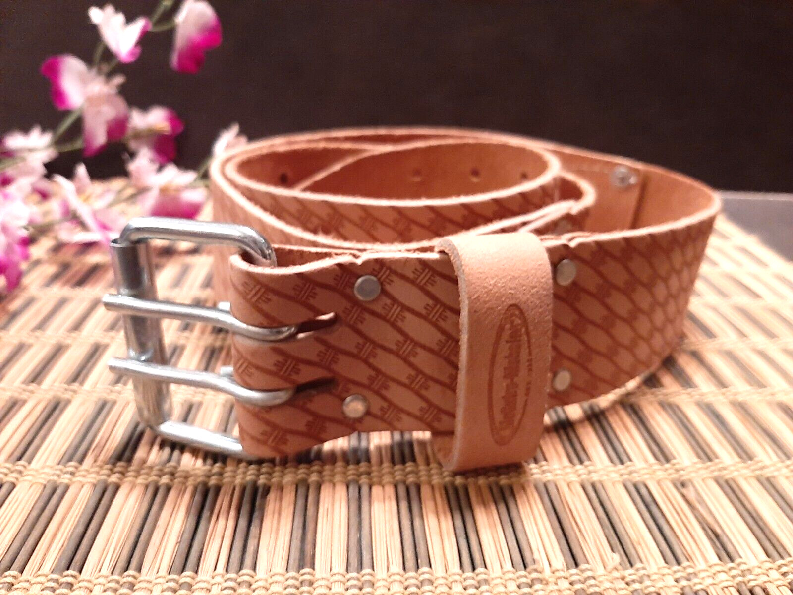 2″ Roller Buckle Saddle Leather Tool Belt, Natural , 51″ Long ( L)