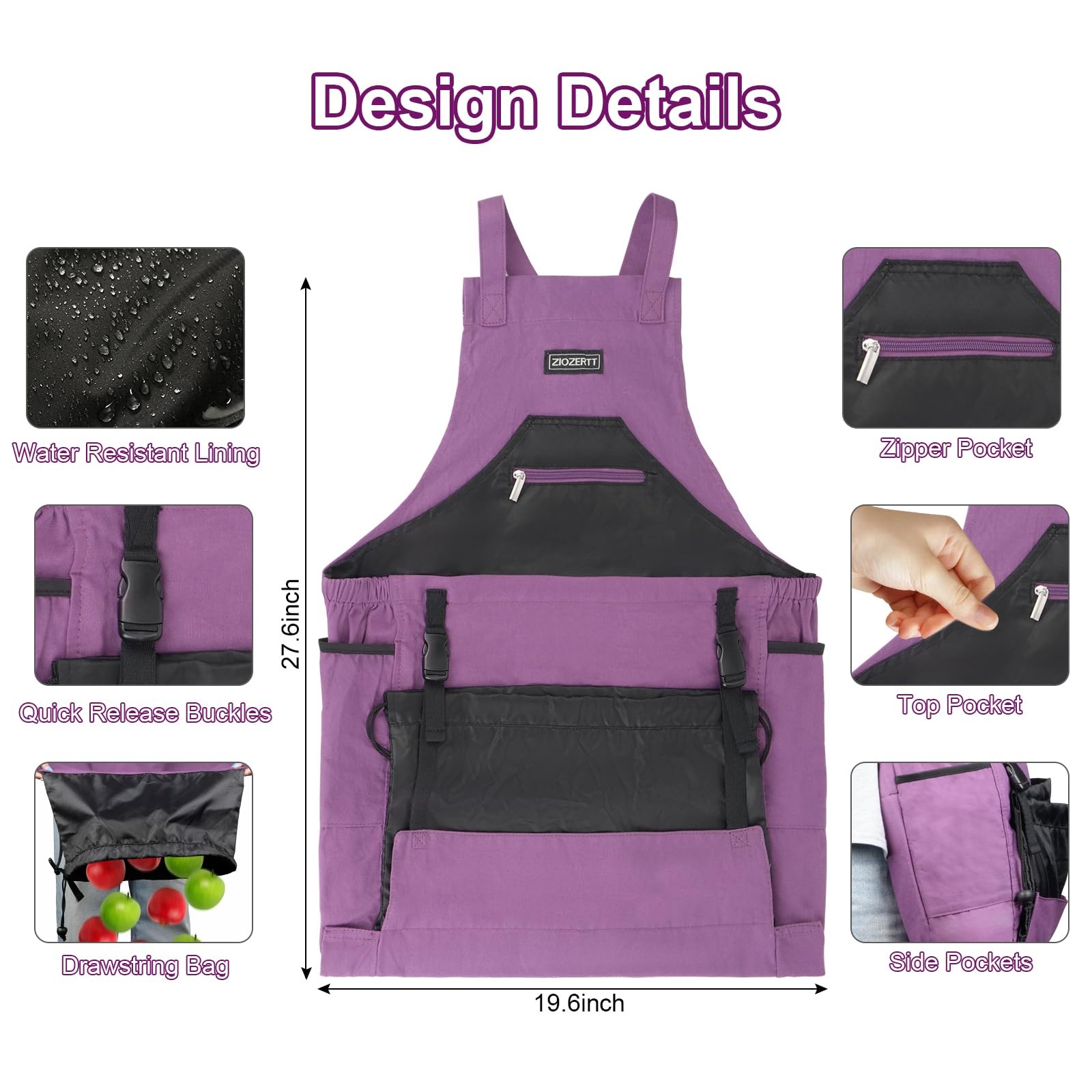 ZIOZERTT Garden Apron,Harvest Apron with Drawstring Bag and One Size, Purple
