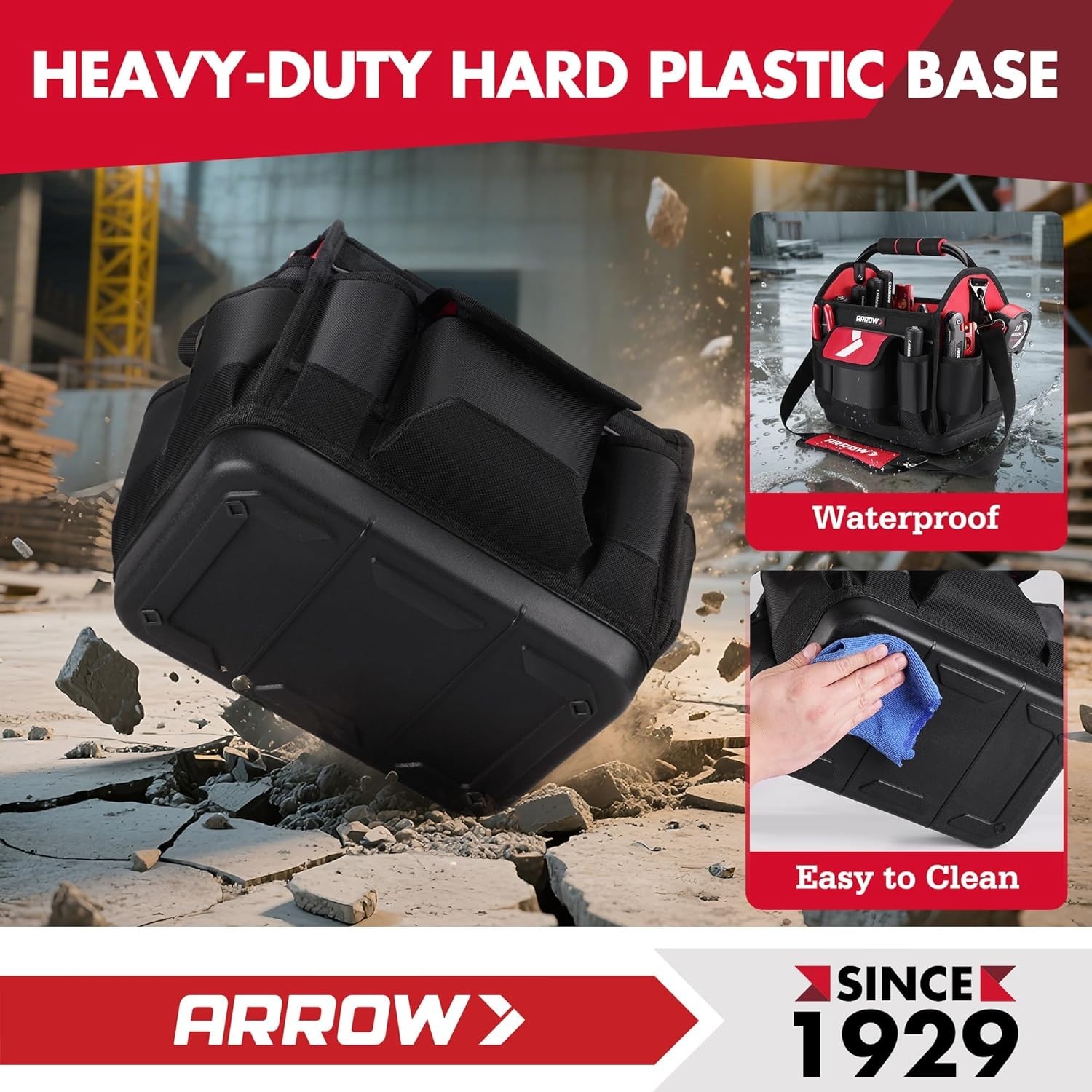 Arrow Fastener 12 Inch Tool Tote 19 Pockets Waterproof Hard Base