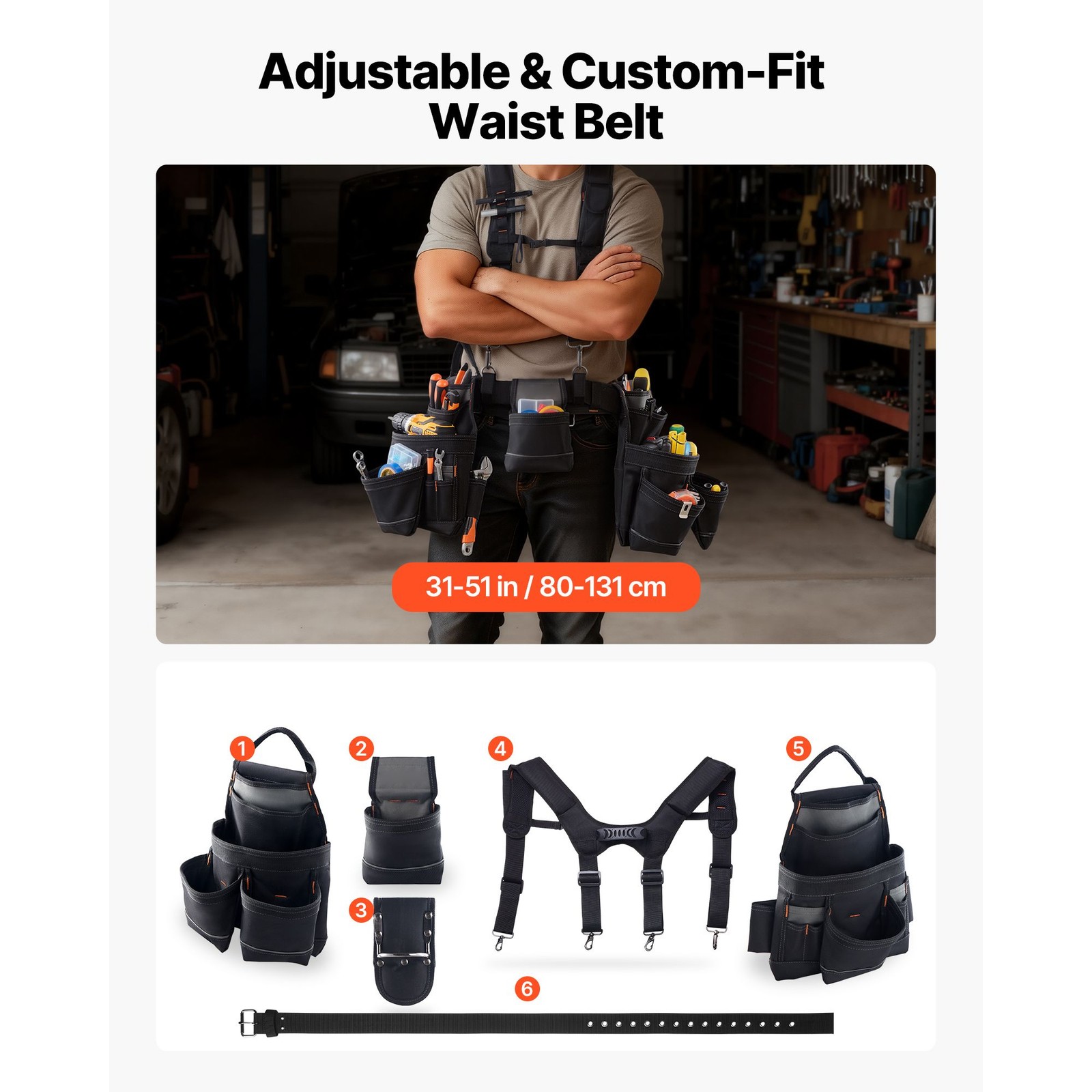 19-Pocket Tool Belt with Suspenders, 31-51in Adjustable Waist