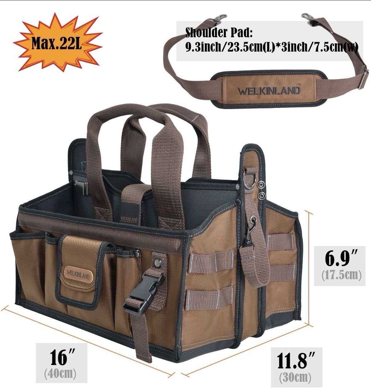 WELKINLAND 20-Pockets Tool Tote Bag, 16″ Electrician Black/Brown