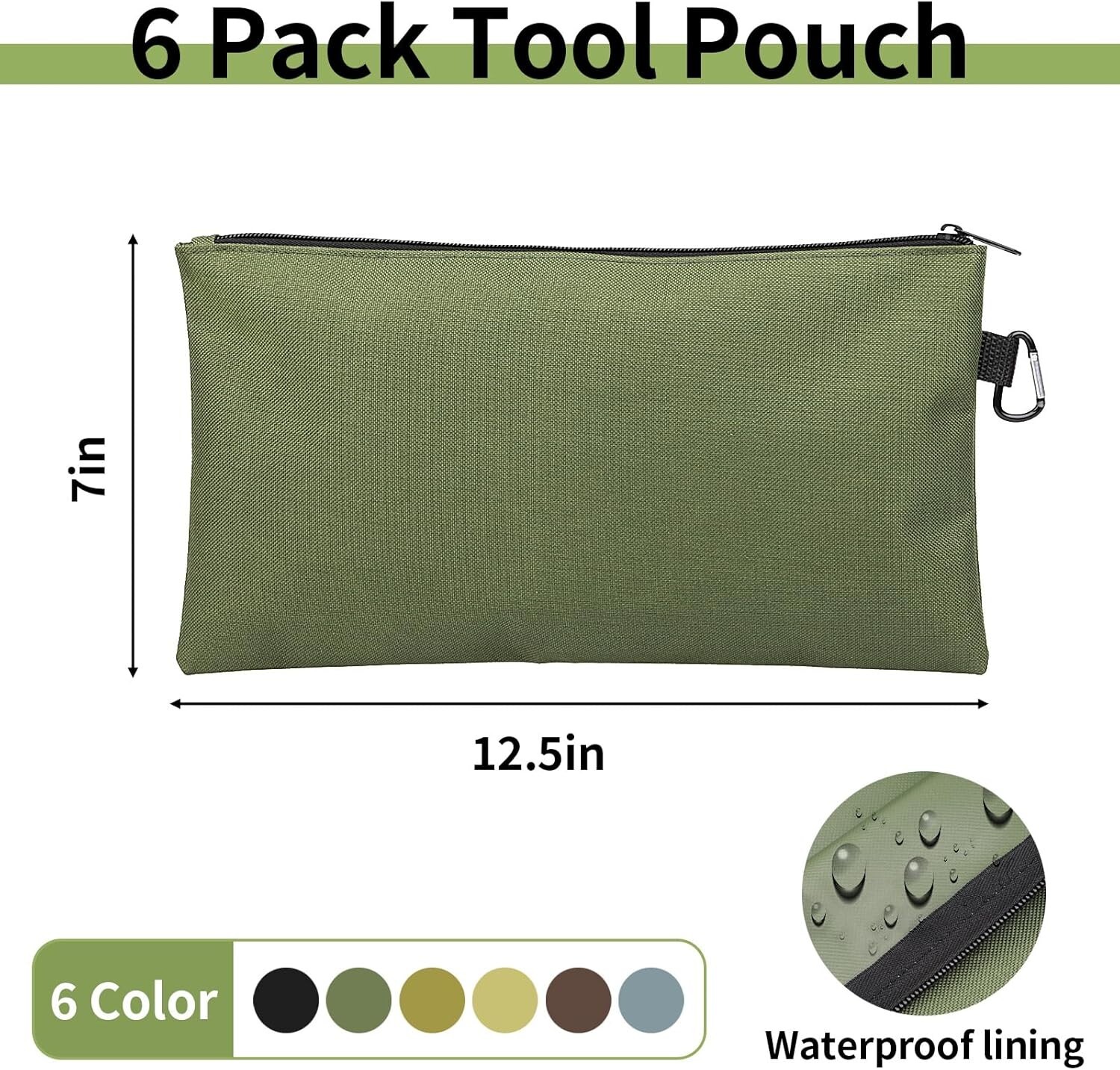 Tool Bag Zipper 6 Pack, Tan, Navy Green, Black, Light Brown, Grey, Mocha